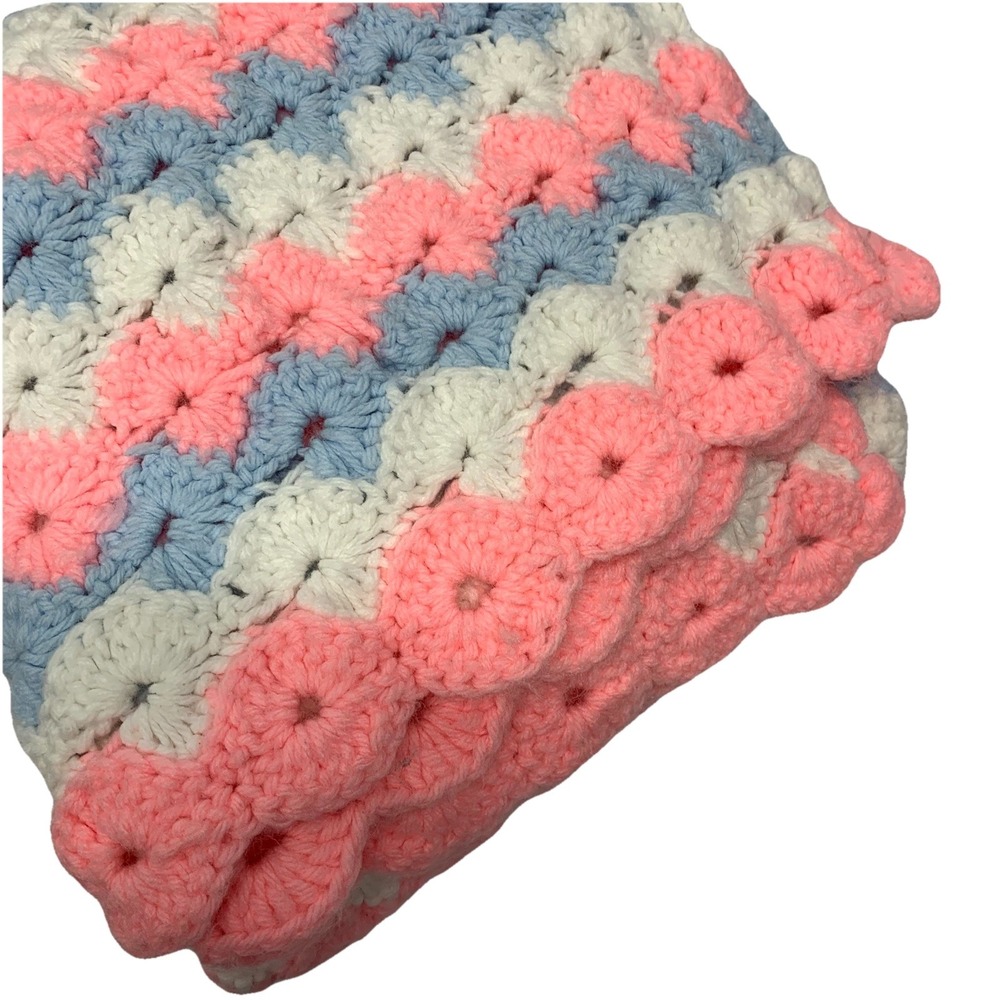 Handmade Afghan Crochet Baby Blanket Pink Blue White Striped Vintage Style 50x84